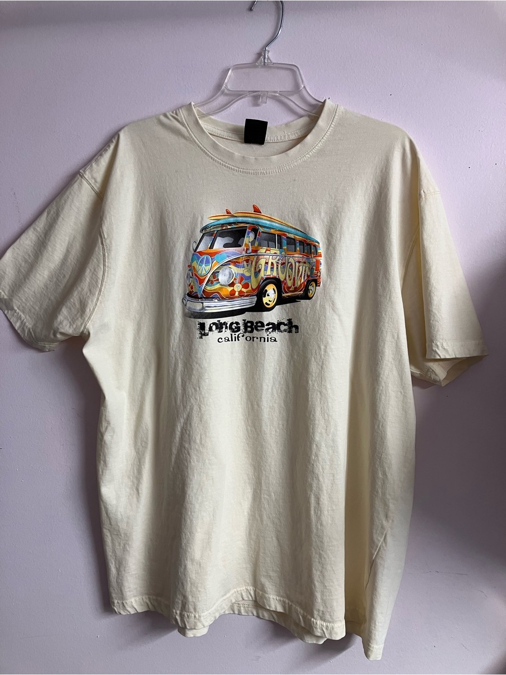 Men’s “Long Beach, California” T Shirt, XXL, Hippie VW Van/Surfboards, Cream